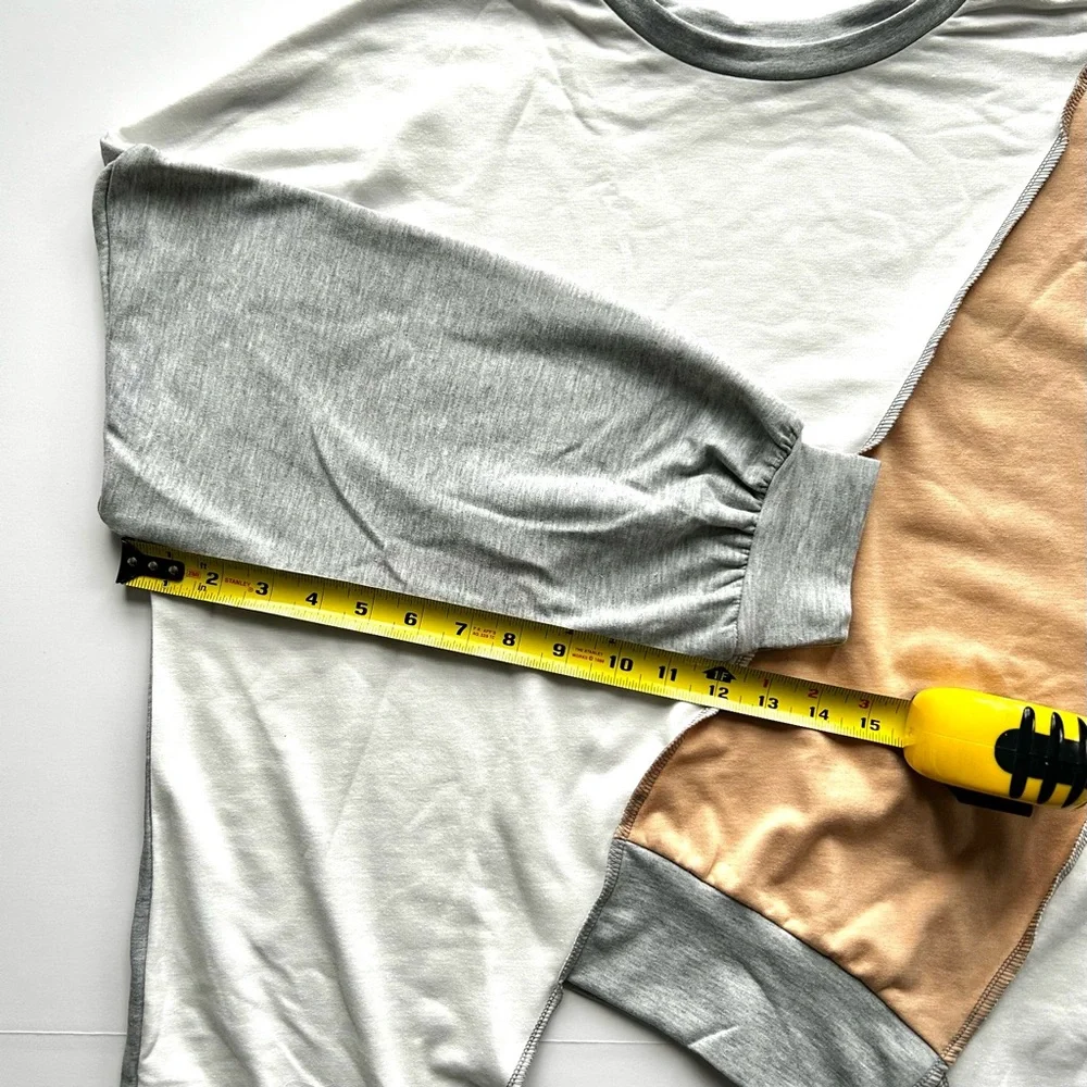 🌸NWOT Patchwork/Colorblock Long Sleeve Top. Tan, Grey & White. 1 SM 1 MED 1 LG - Picture 8 of 11